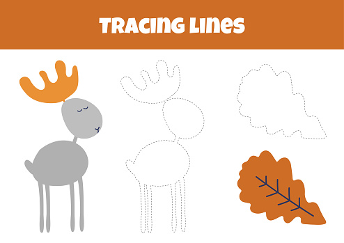 Outline The Deer And Oak Leaf On The Worksheet For Tracing Lines For Preschoolers Aged 4-6 Years