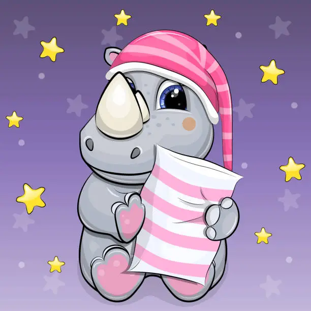 Vector illustration of Cute cartoon rhinoceros wearing a pink nightcap and holding a pillow.