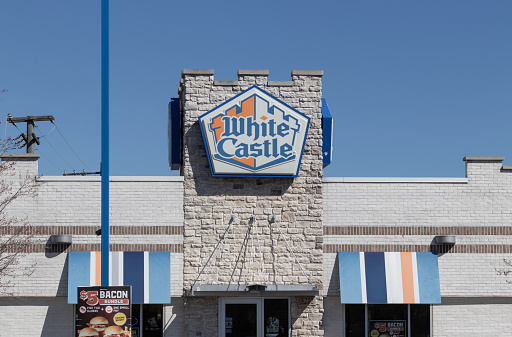 Chicago - April 6, 2024: White Castle Hamburger fast food restaurant. White Castle Serves 2 by 2 Inch Sliders.