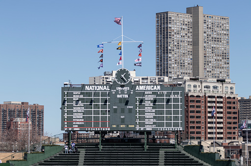 Chicago - April 6, 2024: Wrigley Field center field scoreboard in the bleachers of the Chicago Cubs. Wrigley Field scoreboard is manually operated.