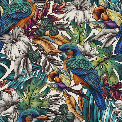 Vintage floral tropical bird seamless pattern, summer vivid flowers, monstera leaves texture
