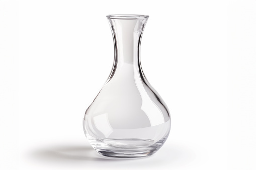 A clear glass vase placed neatly on a white surface, minimalist and elegant in its simplicity.