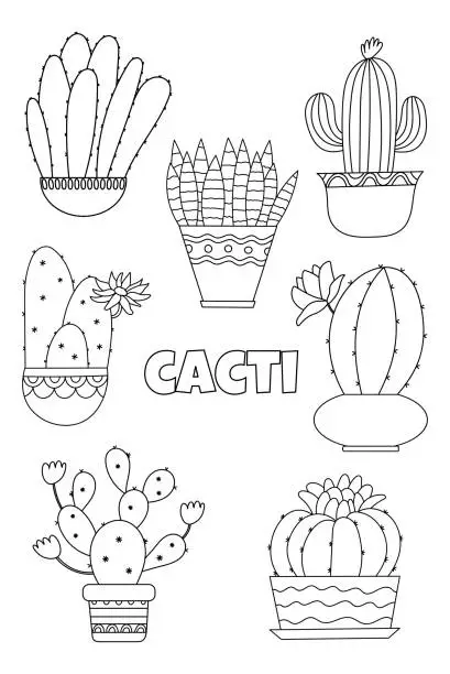 Vector illustration of Cactus Illustration Set For Coloring