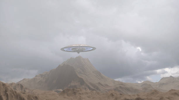 istock Large spacecraft ufo saucer above desert mountain 2147548006