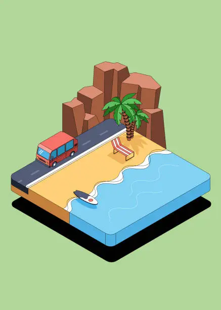 Vector illustration of Summer travel on beach isometric flat design style with nature scene, car on rural road, chair and surfboard on beautiful beach