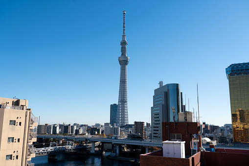 Tokyo, Japan, Dec 4,2023 Tokyo skytree, the highest tower in Japan with blue sky background