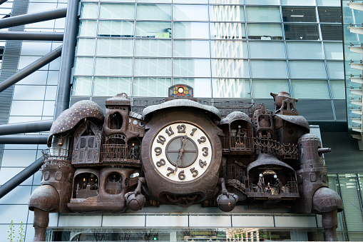Tokyo, Japan - M1r 30, 2024 : The giant Ghibli clock that located at Nittele Tower (headquarters of Nippon Television)