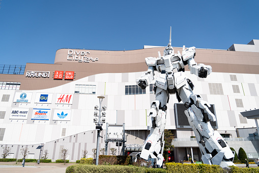 TOKYO, JAPAN - Mar 30, 2024 RX-0 Unicorn Gundam statue in normal mode located at Diver City Tokyo Plaza Tokyo, Odaiba