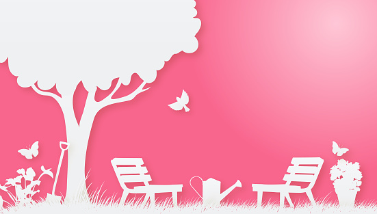 Garden Silhouette In Paper Cut Style with drop shadows. The individual elements can be released form the clipping mask.