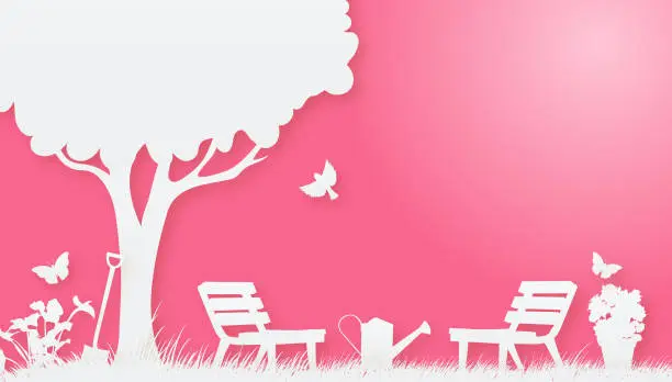 Vector illustration of Garden Silhouette In Paper Cut Style