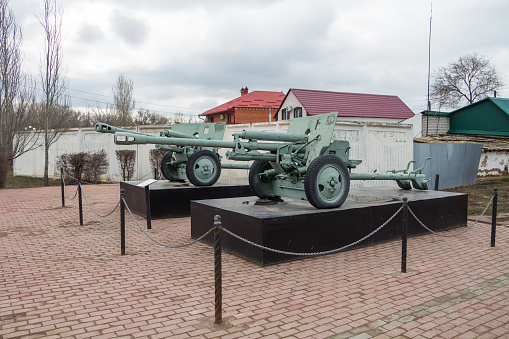 Uralsk, Oral, Kazakhstan (Qazaqstan), 07.04.2024 - Exhibition Soviet howitzer from the Second World War on Victory Square in Uralsk.