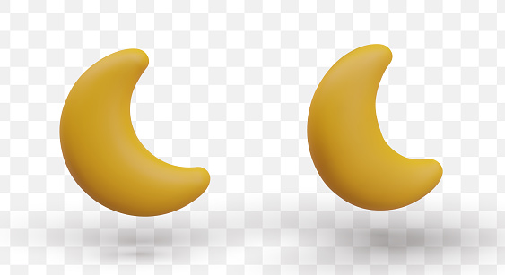 Yellow 3D crescent moon in different positions. Cute night sky luminary. Vector element for creative plasticine web design. Evening, night decoration element