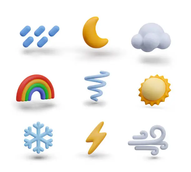 Vector illustration of Rain, crescent, cloud, rainbow, tornado, sun, snowflake, lightning, wind