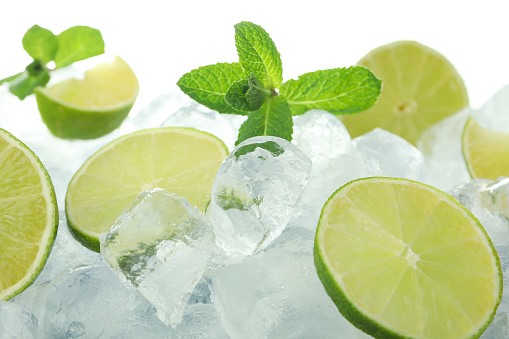 Ice with limes and mint, close up
