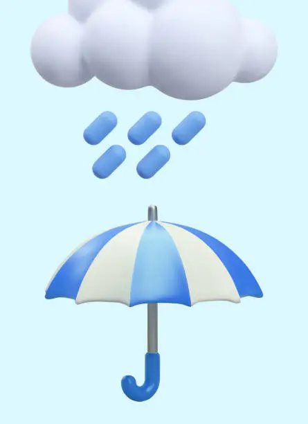 Vector illustration of Concept of rain in children style. Rain falls from cloud onto open umbrella