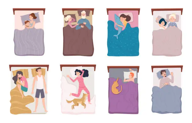 Vector illustration of Lying top view. Sleeping people lying in bed kids dreaming exact vector bedtime concept cartoon illustrations