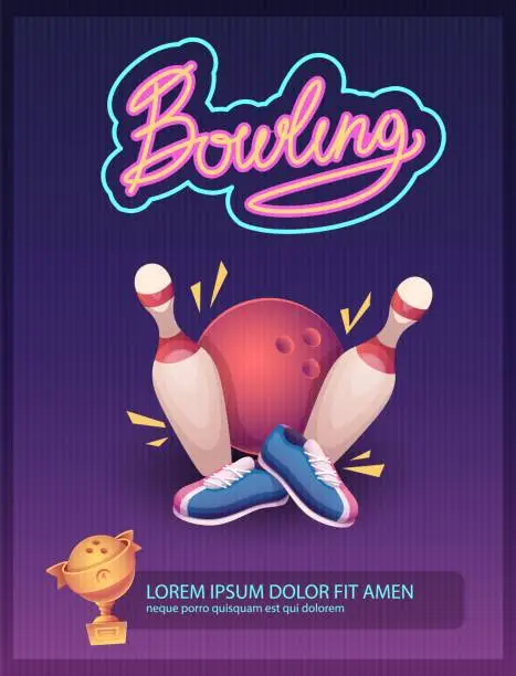 Vector illustration of Bowling poster placard with skittles and balls for playing game vector template with place for text