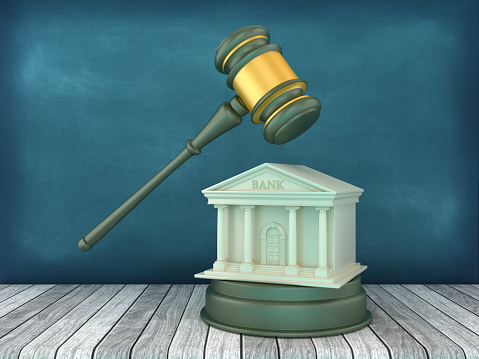 Legal Gavel with Bank - Chalkboard Background - 3D Rendering