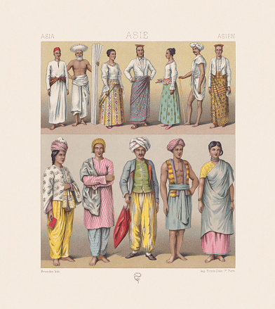 Traditional Asian clothing (Southern India, Sri Lanka, Maldives), top (left to right): Maldivian man; Central Sri Lankan man; Sinhalese (bourgeois); Hindu (second from right). Below: Hindus. Chromolithograph from the book 