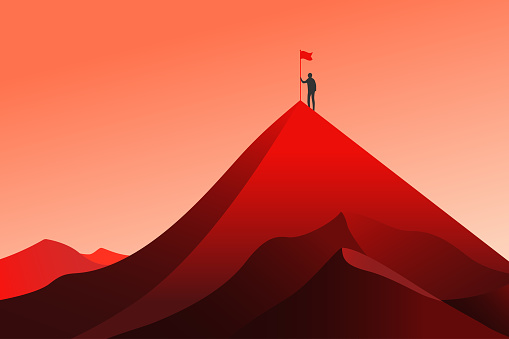 A goal on top of mountain. Man standing on top with red flag. Business, success, leadership, high results achievement concept. Flat vector illustration.