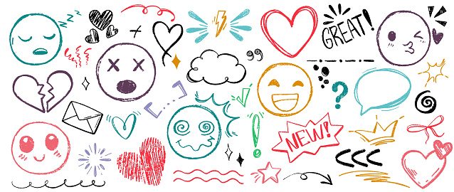 Hand drawn set of colorful charcoal doodle emoji faces with different emotion, heart and pencil punctuation marks. Color charcoal speech bubbles, phrases, underline and highlight text elements icon