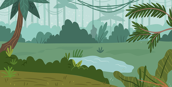 Jungle forest view, place of tropical animals living habitation. Vector scenery with green equatorial trees and lianas, plants and shrubs. Wildlife panoramic with rainforest landscape scene