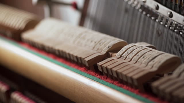 Hammers and strings inside piano, close-up. Action while key is pressed.
