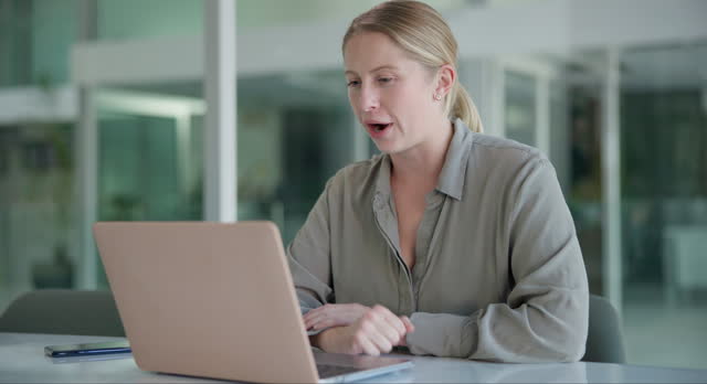 Business woman, video call and talking by laptop for digital consultation and discussion on project review in office. Hr consultant, computer or advice on online meeting by desk or connection at work
