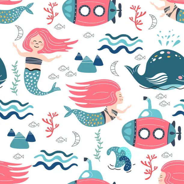 Vector illustration of Seamless pattern with mermaids, pink submarine and whales. Marine background.