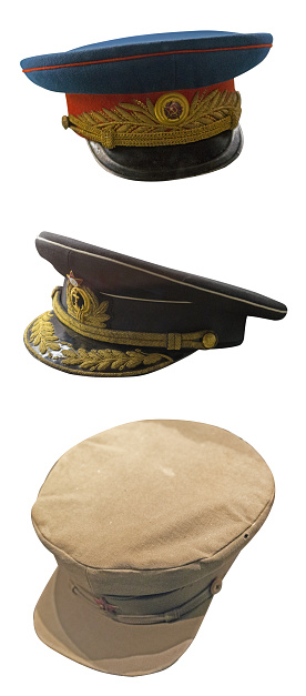 set of three peaked  cap of officer of the Soviet army isolated on white background. cap of the Second World War .