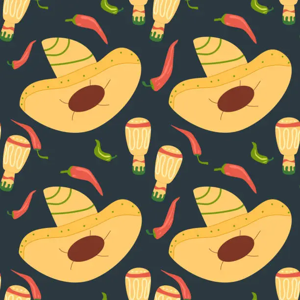 Vector illustration of Mexican seamless pattern. Sombrero, maracas and hot pepper repeat background. Hats of mariachi musicians endless cover. Music festival loop ornament. Vector illustration.