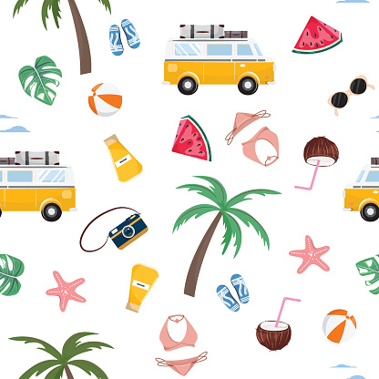 Seamless pattern with summer vacation elements such as minivans, palm trees, cameras, watermelons, bikinis, sunglasses and suitcases on white background. For textile, wallpaper, gift paper, backgrounds
