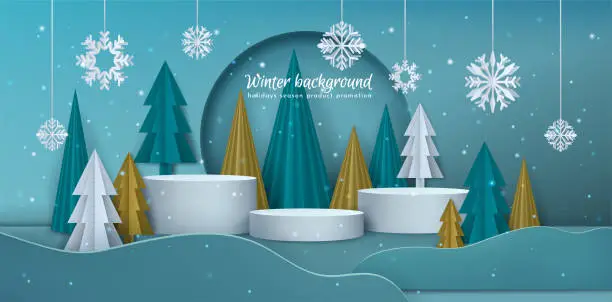 Vector illustration of Winter background. Holidays season product promotion. Sale banner, 3d podium with snow and snowflakes, empty platforms, presentation showcases. Paper origami trees. Vector exact poster