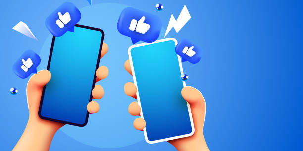 istock Cute cartoon hands holding mobile smartphone with Likes notification icons. Social media and marketing concept. 2147557824