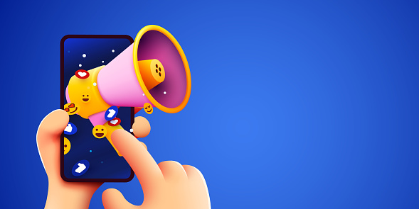 Cute cartoon hands holding mobile smartphone with megaphone. Social media and marketing concept. Vector illustration