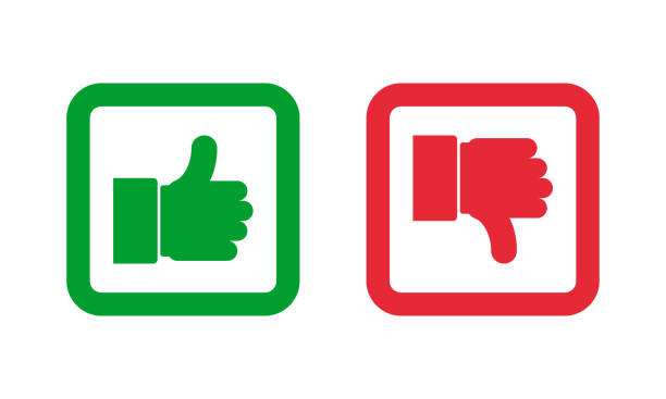 緑の親指を上向きに、赤の親指を下向きの正方形のアウトライン ベクトル アイコン。ソーシャルメディアのシンボルが好き嫌い。 - thumbs up moving down computer icon judgement点のイラスト素材／クリップアート素材／マンガ素材／アイコン素材