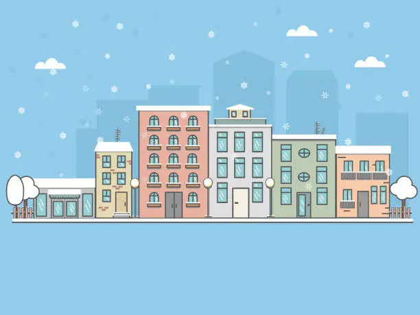 Vector illustration of Snowy night in cozy christmas town city panorama. Winter christmas village landscape