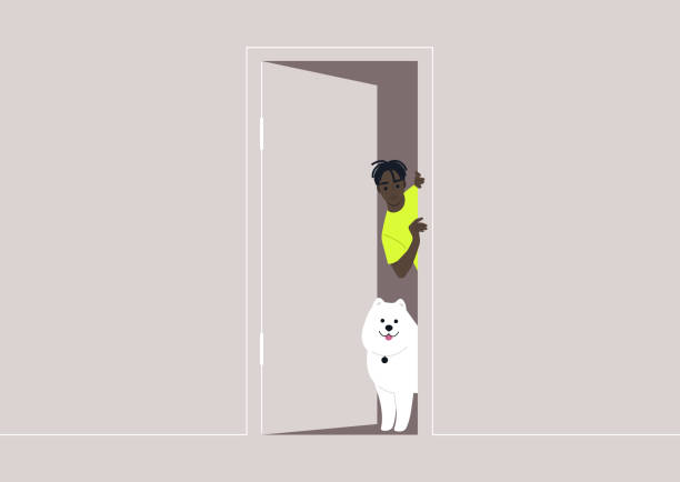 a curious glimpse from behind a doorway, a dog and their owner exchange playful looks around an ajar door - место представляющее интерес stock illustrations