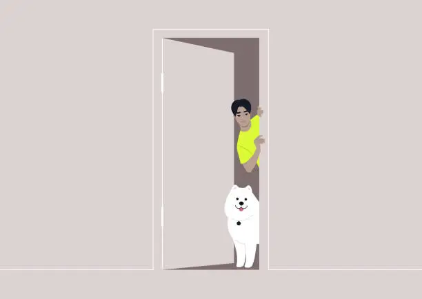 Vector illustration of A Curious Glimpse From Behind a Doorway, A dog and their owner exchange playful looks around an ajar door