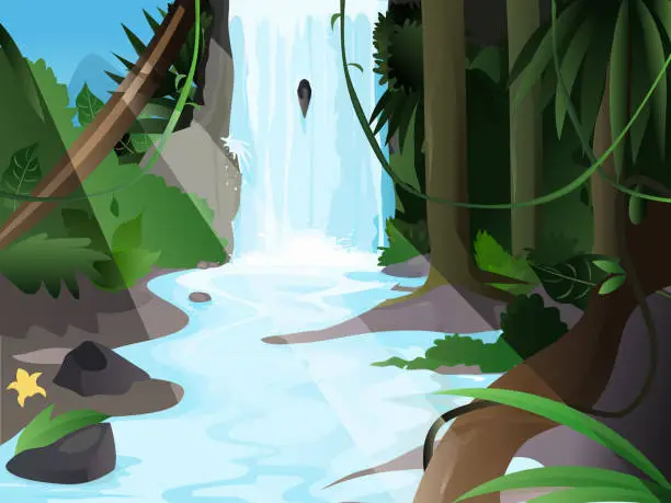 Vector illustration of tropical forest - waterfall and running stream - sun light beacon