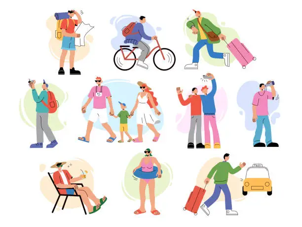 Vector illustration of Travel persons. Summer tourism. People walk with baggage. Tourist family characters. Beach rest. Photo camera. Woman on bicycle. Man hurrying with luggage. Hiking map. Vector travelers set