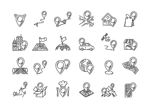 GPS map pin doodle icons set. Hand drawn travel destinations signs and pictograms. Sketch location points.