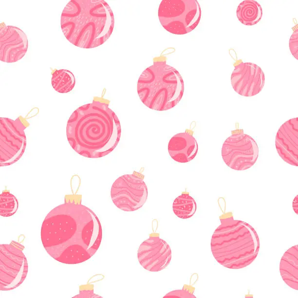 Vector illustration of Christmas balls pink seamless pattern. Merry Christmas hand drawn ornament endless background. Festive holiday toys cover. Happy New Year cover. Vector winter illustration