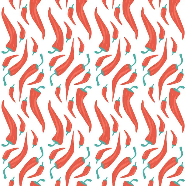 Vector illustration of Red chili pepper seamless pattern. Mexican food symbol repeat background. Hot vegetable endless cover. Vector flat illustration.