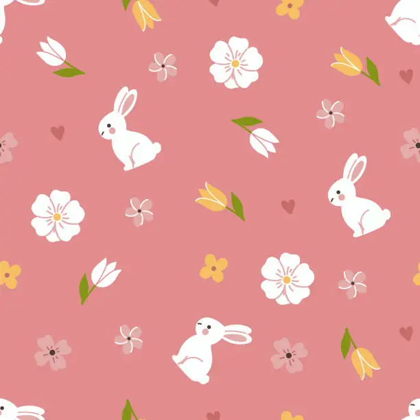 Vector illustration of Simple spring seamless pattern with bunnies and flowers. Vector graphics