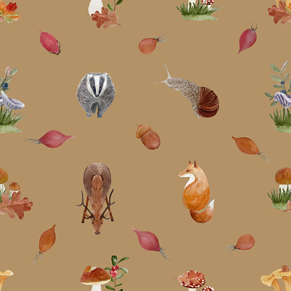 Autumn forest wild plants and animals watercolor seamless pattern on muted brown. Hand drawn high quality art in simple flat style for woodland kids designs, wallpaper, wrapping paper and packages.