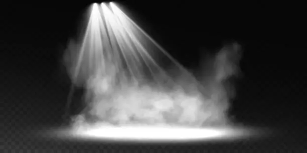 Vector illustration of Dark stage on transparent background, white light from spotlight, empty dark stage and studio room with floating smoke. For product demonstrations.