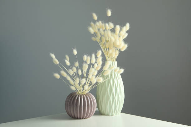 istock Dried flowers on white table against gray background 2147564446