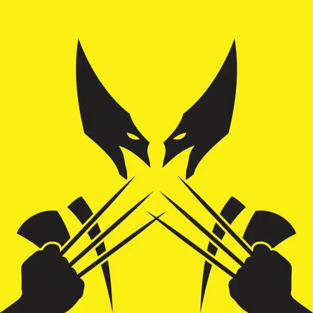 Vector illustration of Wolverine Logan from comics, wolverine claws, simple yellow and black vector illustration.