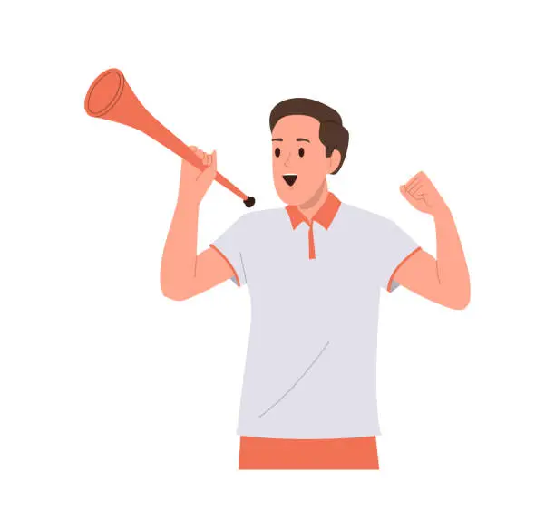 Vector illustration of Positive man football fan cartoon character blowing in trumpet cheering for favorite soccer team